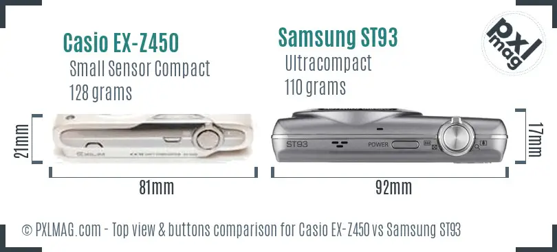 Casio EX-Z450 vs Samsung ST93 top view buttons comparison Casio EX-Z450 vs Samsung ST93 top view buttons comparison