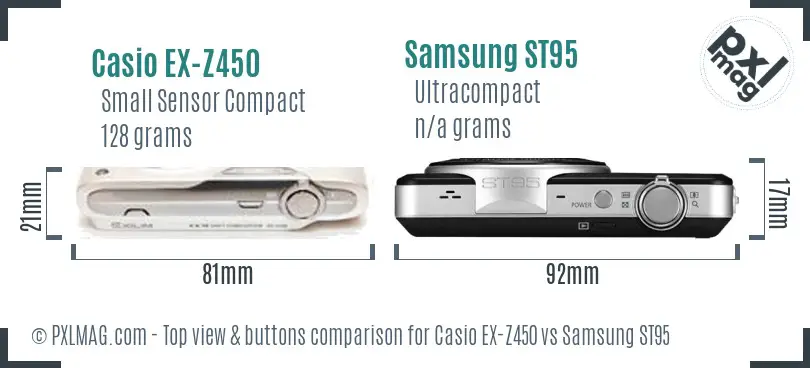 Casio EX-Z450 vs Samsung ST95 top view buttons comparison Casio EX-Z450 vs Samsung ST95 top view buttons comparison