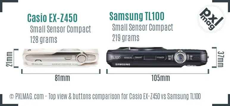 Casio EX-Z450 vs Samsung TL100 top view buttons comparison