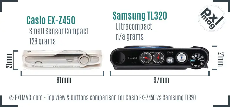 Casio EX-Z450 vs Samsung TL320 top view buttons comparison