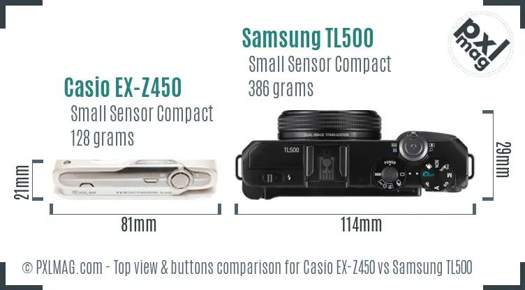 Casio EX-Z450 vs Samsung TL500 top view buttons comparison