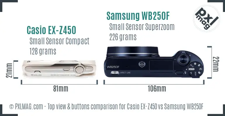Casio EX-Z450 vs Samsung WB250F top view buttons comparison