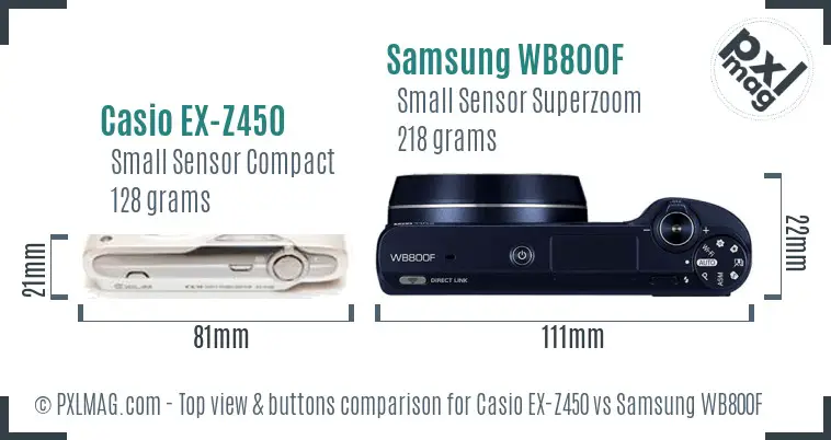 Casio EX-Z450 vs Samsung WB800F top view buttons comparison Casio EX-Z450 vs Samsung WB800F top view buttons comparison