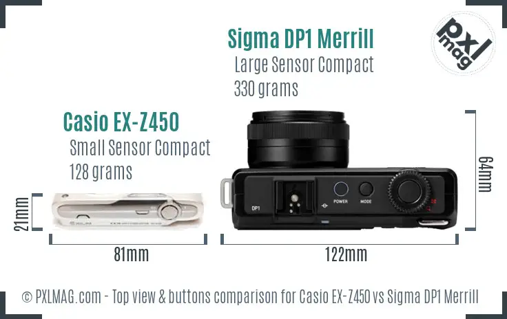 Casio EX-Z450 vs Sigma DP1 Merrill top view buttons comparison Casio EX-Z450 vs Sigma DP1 Merrill top view buttons comparison