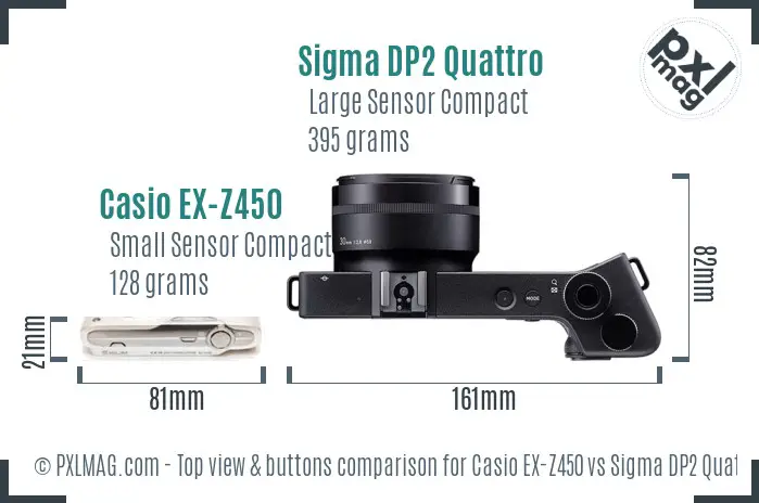 Casio EX-Z450 vs Sigma DP2 Quattro top view buttons comparison Casio EX-Z450 vs Sigma DP2 Quattro top view buttons comparison