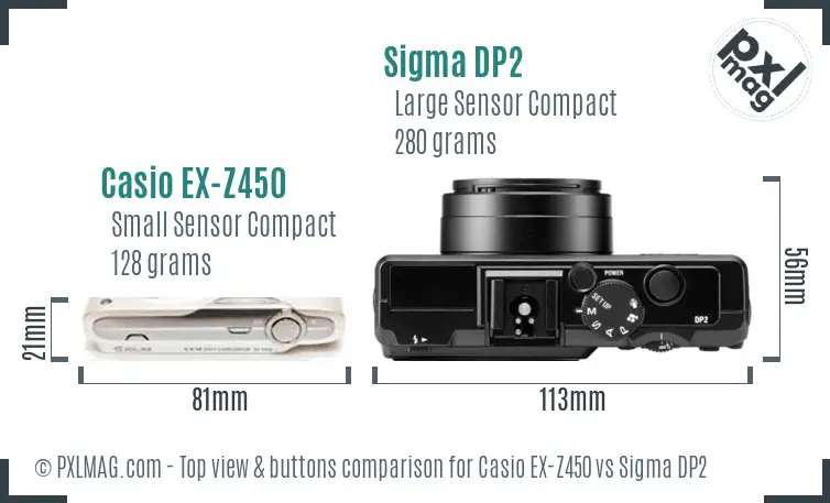Casio EX-Z450 vs Sigma DP2 top view buttons comparison Casio EX-Z450 vs Sigma DP2 top view buttons comparison