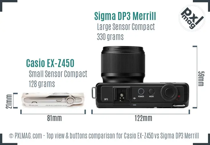 Casio EX-Z450 vs Sigma DP3 Merrill top view buttons comparison Casio EX-Z450 vs Sigma DP3 Merrill top view buttons comparison