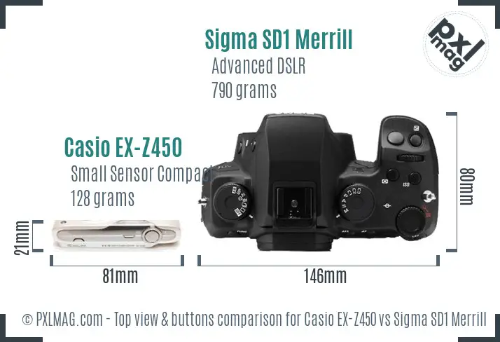 Casio EX-Z450 vs Sigma SD1 Merrill top view buttons comparison Casio EX-Z450 vs Sigma SD1 Merrill top view buttons comparison