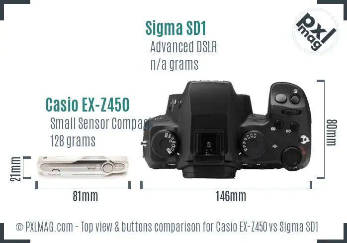 Casio EX-Z450 vs Sigma SD1 top view buttons comparison Casio EX-Z450 vs Sigma SD1 top view buttons comparison