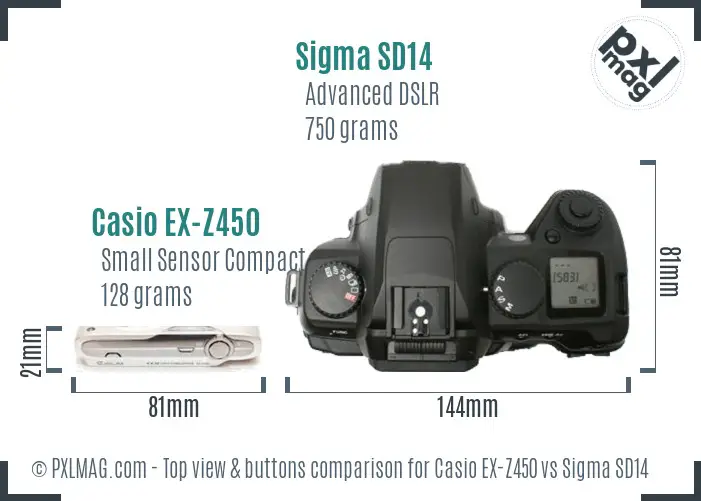 Casio EX-Z450 vs Sigma SD14 top view buttons comparison