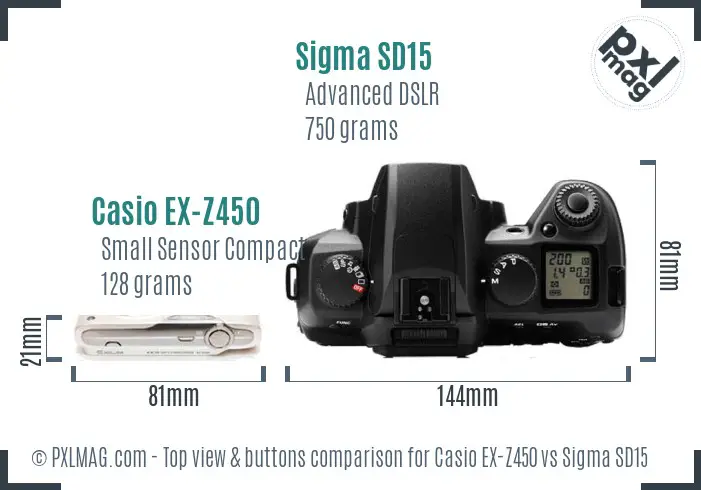 Casio EX-Z450 vs Sigma SD15 top view buttons comparison Casio EX-Z450 vs Sigma SD15 top view buttons comparison