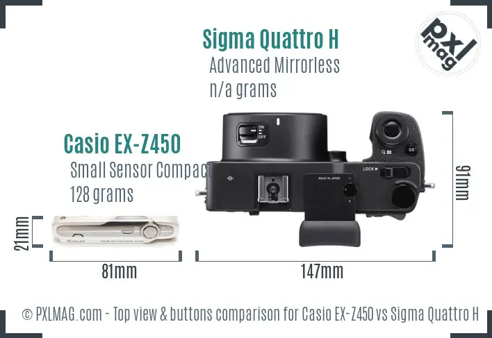 Casio EX-Z450 vs Sigma Quattro H top view buttons comparison Casio EX-Z450 vs Sigma Quattro H top view buttons comparison