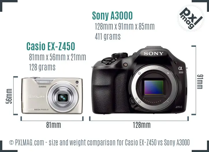 Casio EX-Z450 vs Sony A3000 size comparison