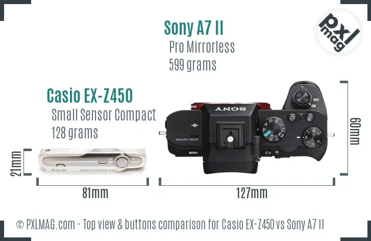 Casio EX-Z450 vs Sony A7 II top view buttons comparison Casio EX-Z450 vs Sony A7 II top view buttons comparison