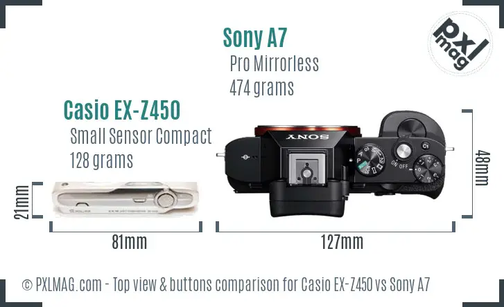 Casio EX-Z450 vs Sony A7 top view buttons comparison Casio EX-Z450 vs Sony A7 top view buttons comparison