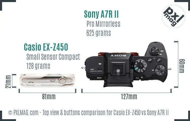 Casio EX-Z450 vs Sony A7R II top view buttons comparison Casio EX-Z450 vs Sony A7R II top view buttons comparison