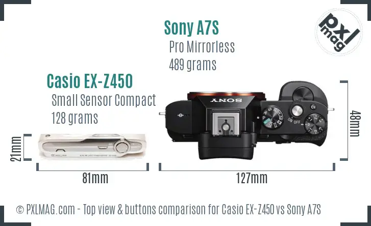 Casio EX-Z450 vs Sony A7S top view buttons comparison Casio EX-Z450 vs Sony A7S top view buttons comparison
