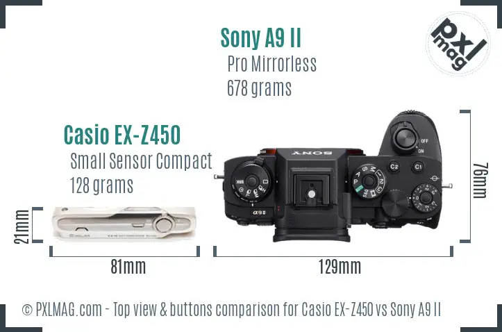 Casio EX-Z450 vs Sony A9 II top view buttons comparison Casio EX-Z450 vs Sony A9 II top view buttons comparison