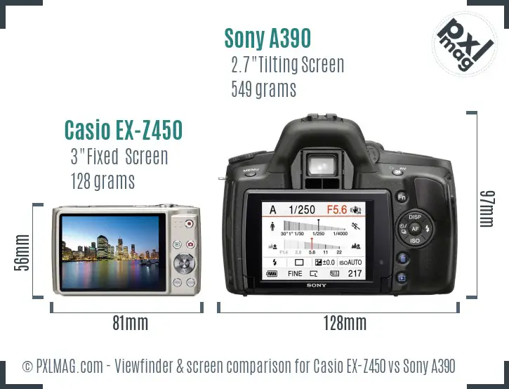 Casio EX-Z450 vs Sony A390 Screen and Viewfinder comparison