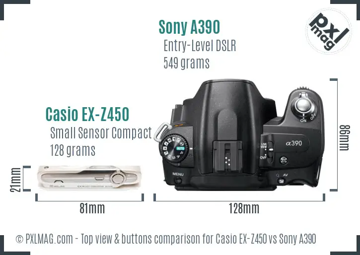 Casio EX-Z450 vs Sony A390 top view buttons comparison