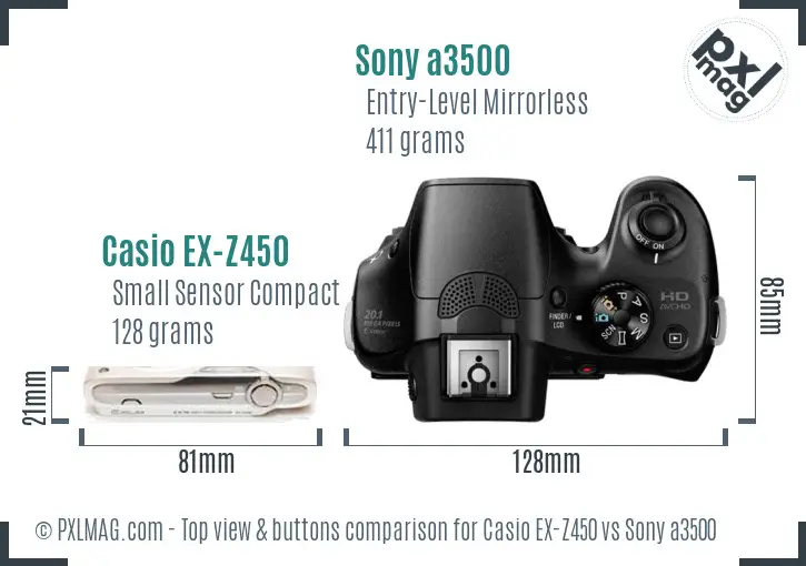 Casio EX-Z450 vs Sony a3500 top view buttons comparison Casio EX-Z450 vs Sony a3500 top view buttons comparison
