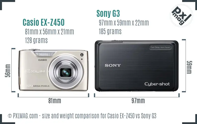 Casio EX-Z450 vs Sony G3 size comparison