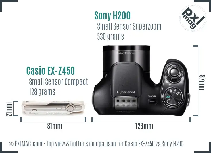 Casio EX-Z450 vs Sony H200 top view buttons comparison Casio EX-Z450 vs Sony H200 top view buttons comparison
