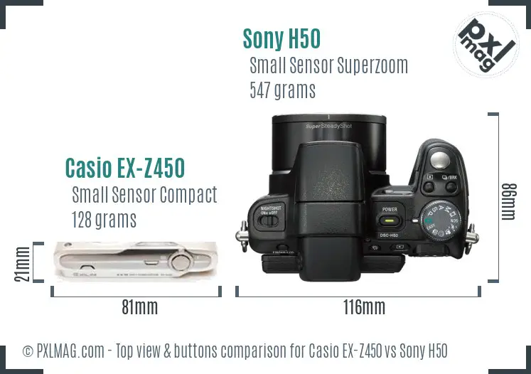 Casio EX-Z450 vs Sony H50 top view buttons comparison Casio EX-Z450 vs Sony H50 top view buttons comparison