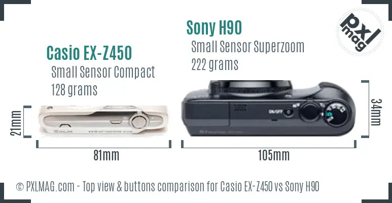 Casio EX-Z450 vs Sony H90 top view buttons comparison Casio EX-Z450 vs Sony H90 top view buttons comparison