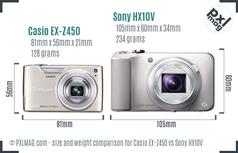 Casio EX-Z450 vs Sony HX10V size comparison