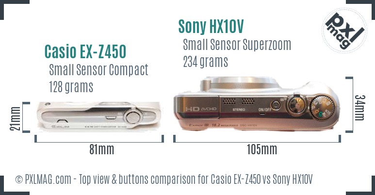 Casio EX-Z450 vs Sony HX10V top view buttons comparison