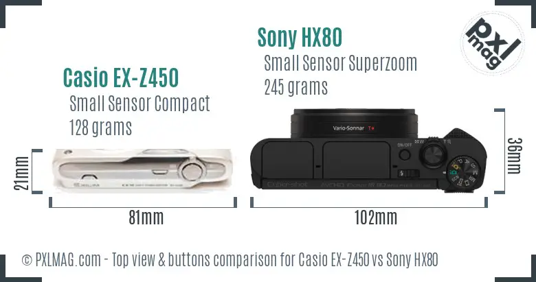 Casio EX-Z450 vs Sony HX80 top view buttons comparison
