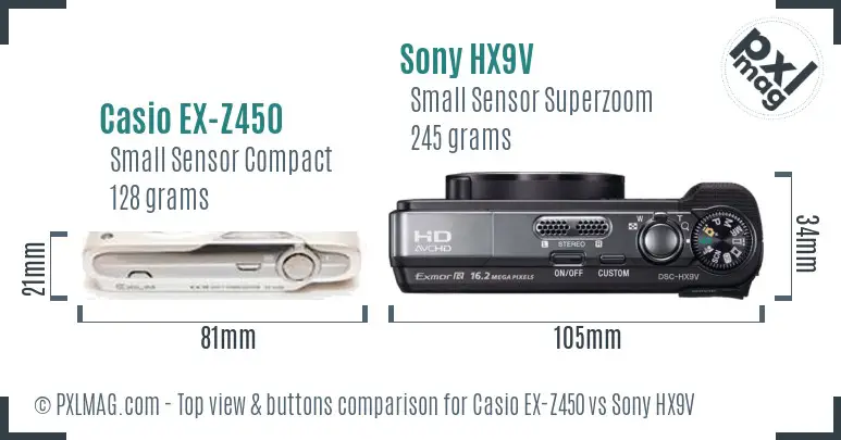 Casio EX-Z450 vs Sony HX9V top view buttons comparison Casio EX-Z450 vs Sony HX9V top view buttons comparison