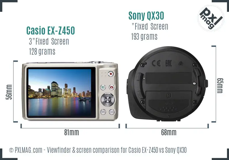 Casio EX-Z450 vs Sony QX30 Screen and Viewfinder comparison