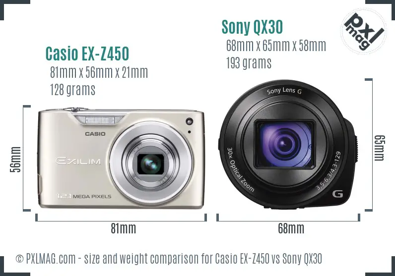 Casio EX-Z450 vs Sony QX30 size comparison