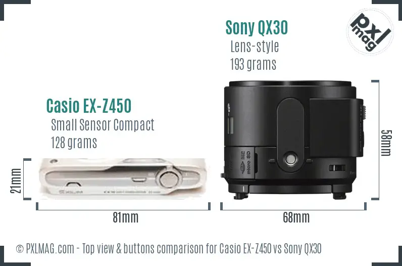 Casio EX-Z450 vs Sony QX30 top view buttons comparison
