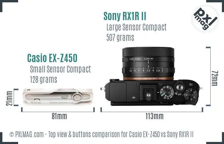 Casio EX-Z450 vs Sony RX1R II top view buttons comparison