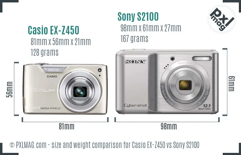 Casio EX-Z450 vs Sony S2100 size comparison