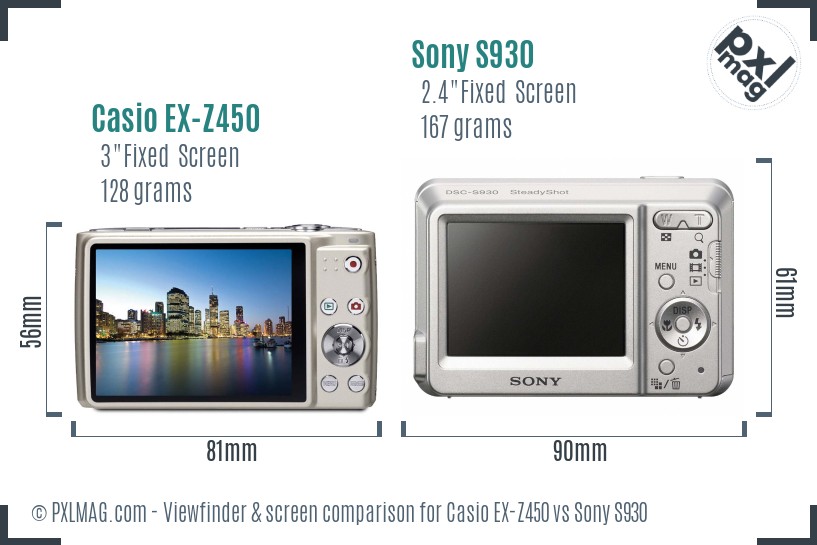 Casio EX-Z450 vs Sony S930 Screen and Viewfinder comparison