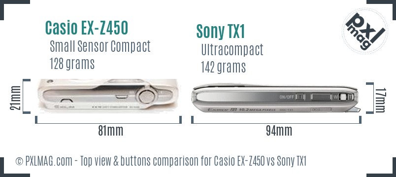 Casio EX-Z450 vs Sony TX1 top view buttons comparison