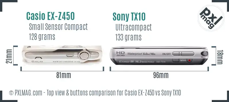 Casio EX-Z450 vs Sony TX10 top view buttons comparison