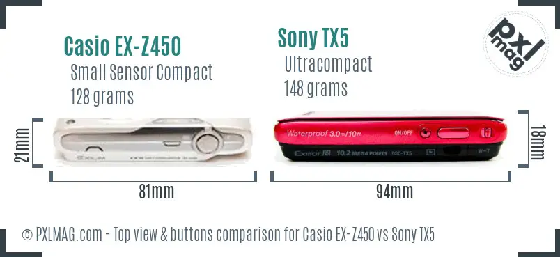 Casio EX-Z450 vs Sony TX5 top view buttons comparison