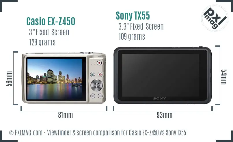 Casio EX-Z450 vs Sony TX55 Screen and Viewfinder comparison