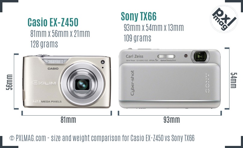 Casio EX-Z450 vs Sony TX66 size comparison