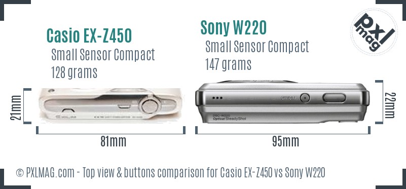 Casio EX-Z450 vs Sony W220 top view buttons comparison