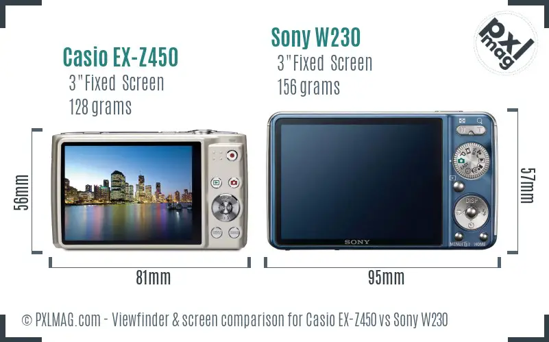 Casio EX-Z450 vs Sony W230 Screen and Viewfinder comparison