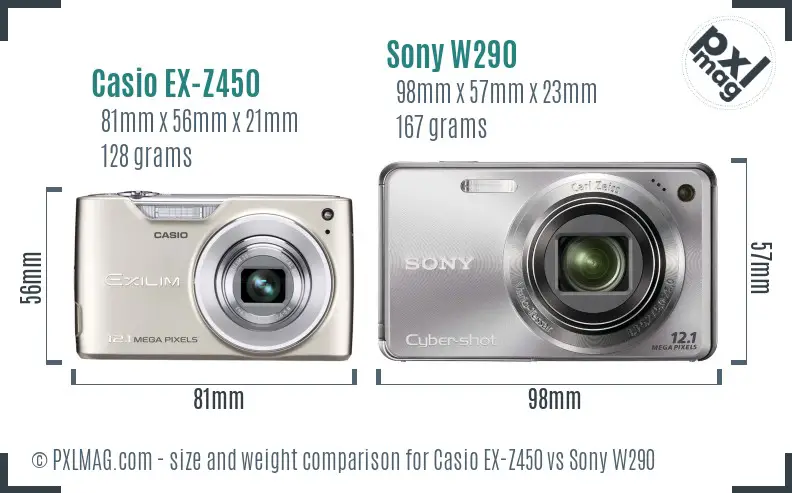 Casio EX-Z450 vs Sony W290 size comparison