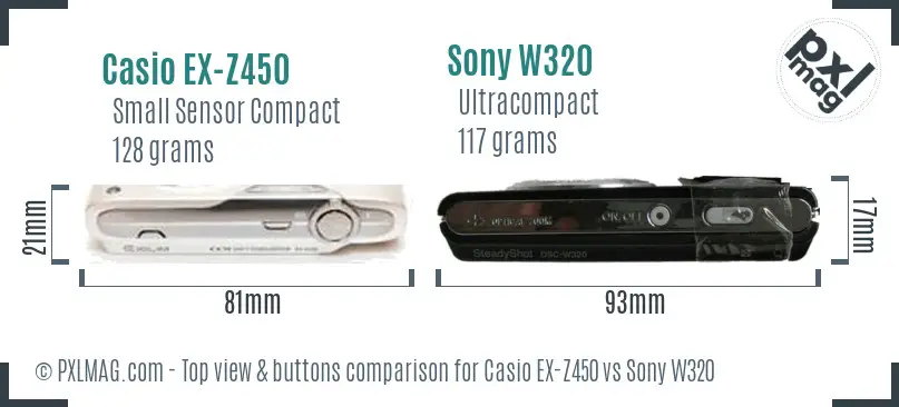 Casio EX-Z450 vs Sony W320 top view buttons comparison Casio EX-Z450 vs Sony W320 top view buttons comparison