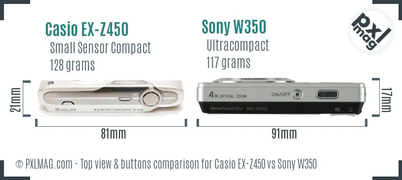 Casio EX-Z450 vs Sony W350 top view buttons comparison Casio EX-Z450 vs Sony W350 top view buttons comparison