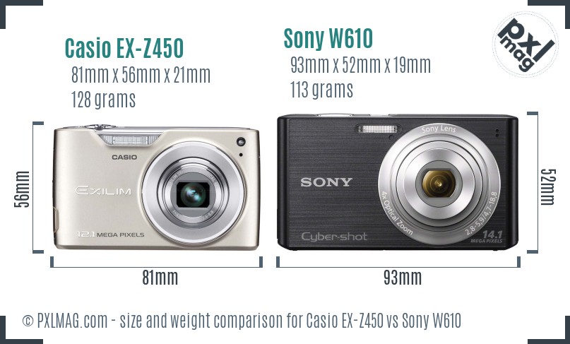 Casio EX-Z450 vs Sony W610 size comparison